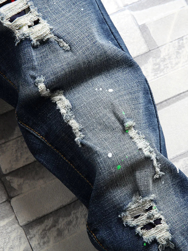 Men's Slim Fit Jeans Elastic Casual High Street Style Ripped Patchwork Pants Fashionable Tight Menswear Spring New Arrival