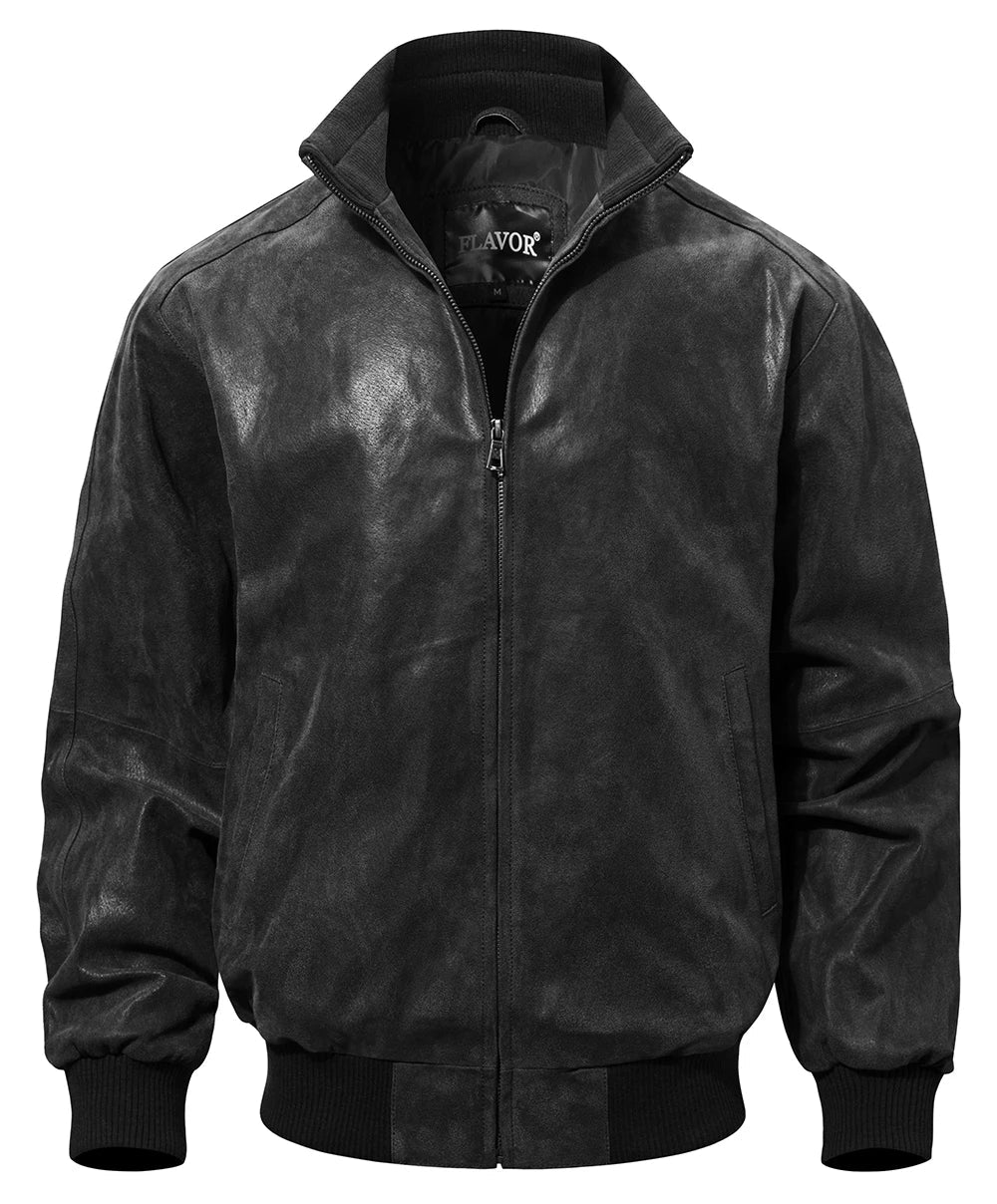 FLAVOR Men's Real Pigskin Leather Bomber Casual Jacket Stand Collar Leather Coat