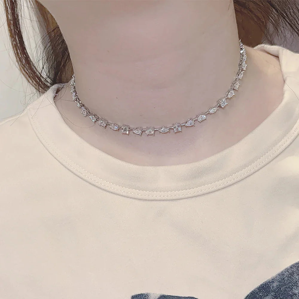 Certified Full Moissanite Necklace Choker for Women S925 Silver Round/Pear/Marquise/Asscher Cut Lab Diamomd Adjustable Neckchain