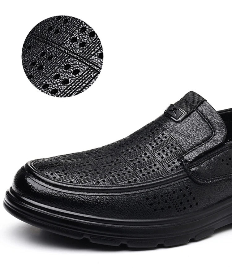 Men's Summer Breathable Leather Loafers Brown Hollow Out Slip-On Shoes Male Thick Sole Comfortable Non-slip Work Shoes for Man