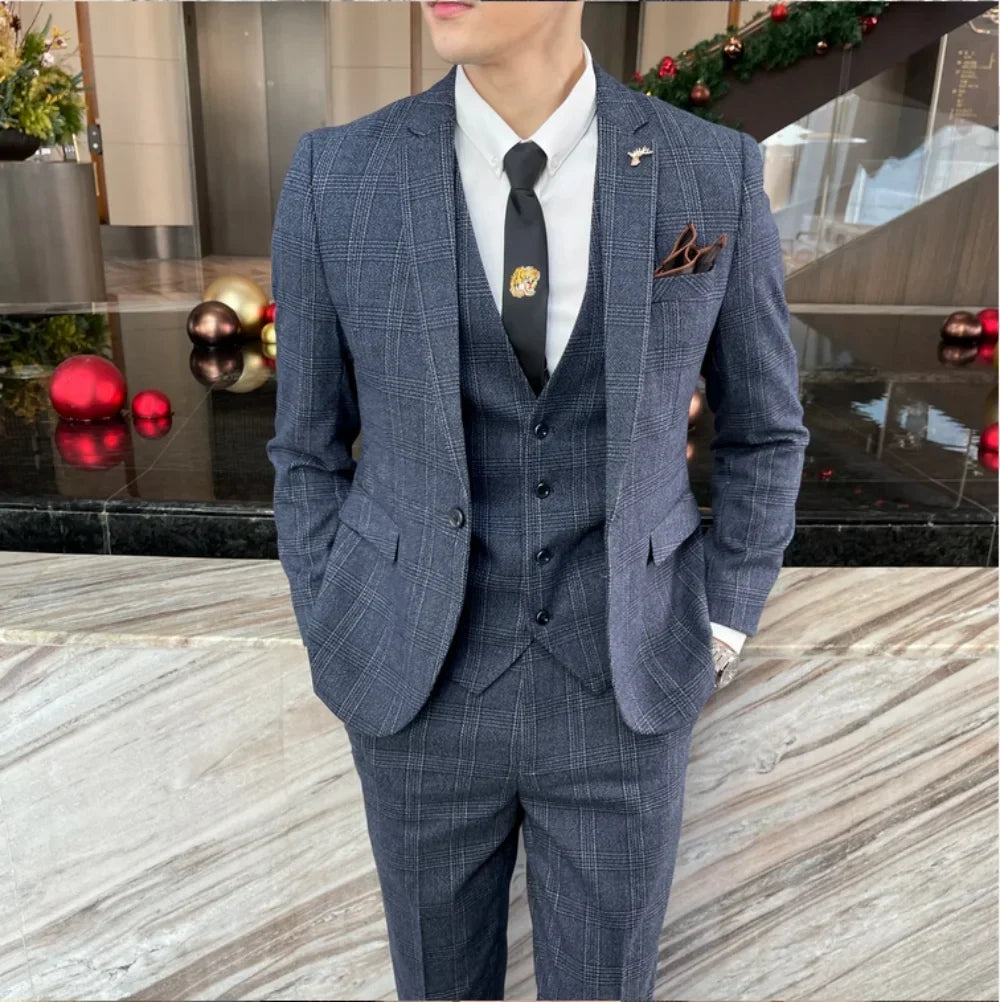 British Modified Plaid Three-Piece Suit for Men - Stylish Business Casual Suit Vest And Trousers Set