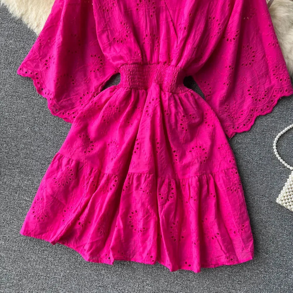 White/Purple/Blue V Neck Summer New Lace Embroidery Dress Women Short Sleeves Dresses Female Vintage Party Beach Midi Dresses