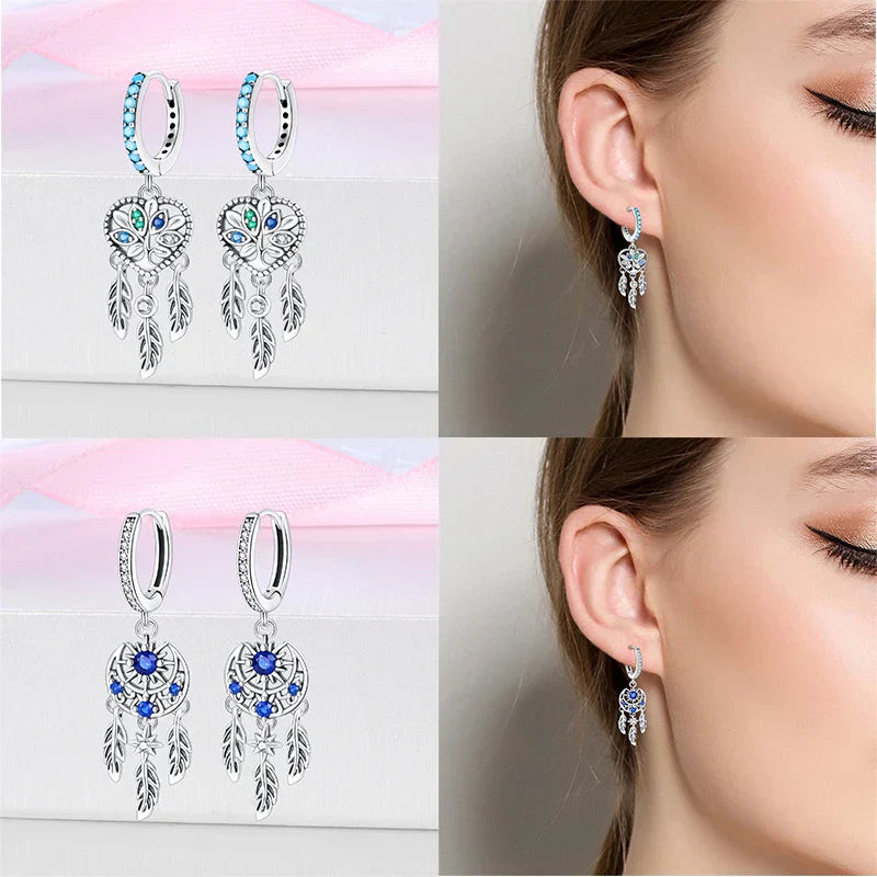 New in 925 Silver Romantic Feather Moon Stars Dream Catcher Earrings For Women Trending Fashion Jewelry Creative Birthday Gifts