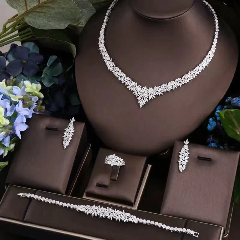 4 pieces of bride zirconia full set of women's party jewelry, luxury Dubai Nigeria CZ luxury crystal wedding necklace set