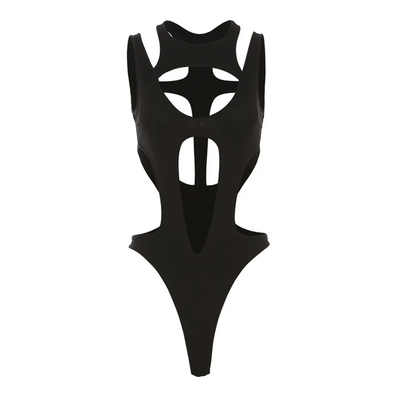 Mall Gothic Hollow Out Sexy Bodysuits Techwear Fashion Y2k Patchwork Tops Women Grunge Backless High Cut Slim Bodysuit