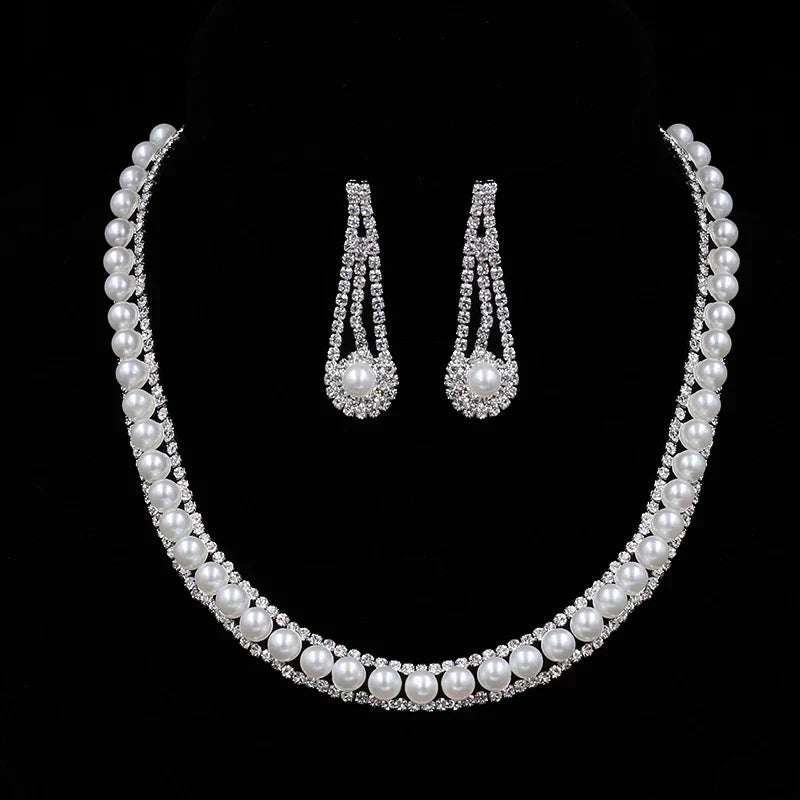 Silver Color Pearl Crystal Bridal Jewelry Sets Wave Shape Choker Necklace Earrings Sets for Women Wedding Jewelry Sets