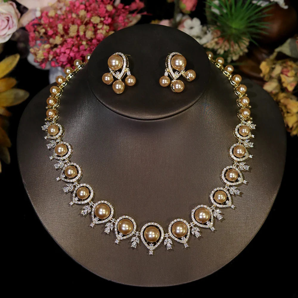 Luxury Round Shape Gold Color Pearl Necklace 2 Pieces Set , Bridal Wedding Dubai Saudi Jewelry for Women's Party