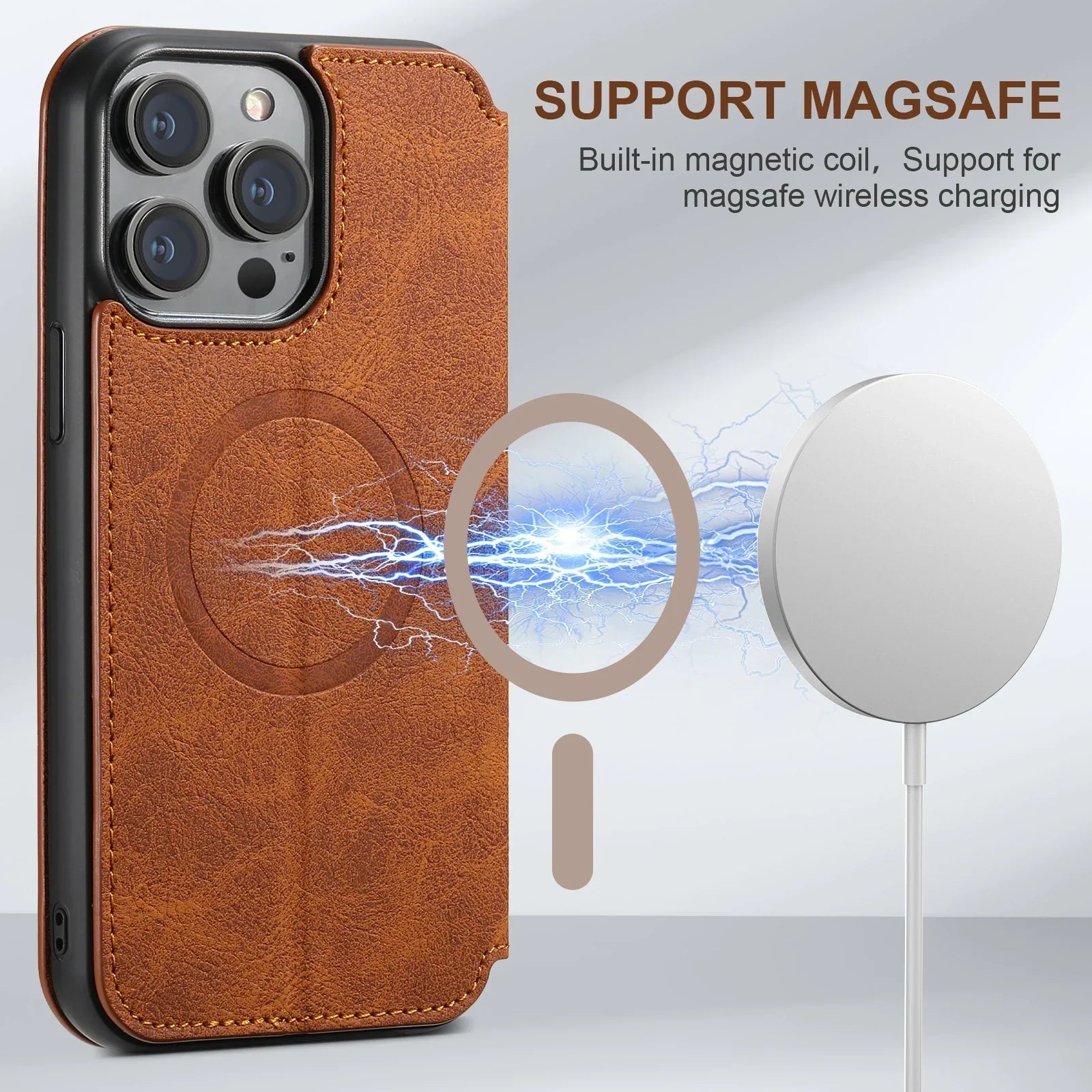 SUTENI Compatible Wireless Charging Leather Phone Case For iPhone 12 13 14 15 16 Plus 17 Pro Max Flip Cover Wallet Card Holder
