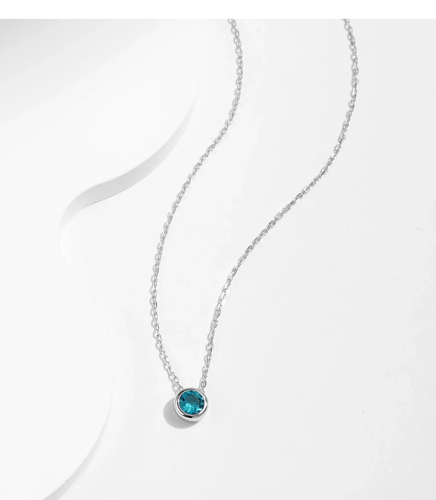 925 Sterling Silver Teal Round Zirconia Pendant Necklace White Gold Plated Neck Link Chain For Women Party Jewelry Gift
