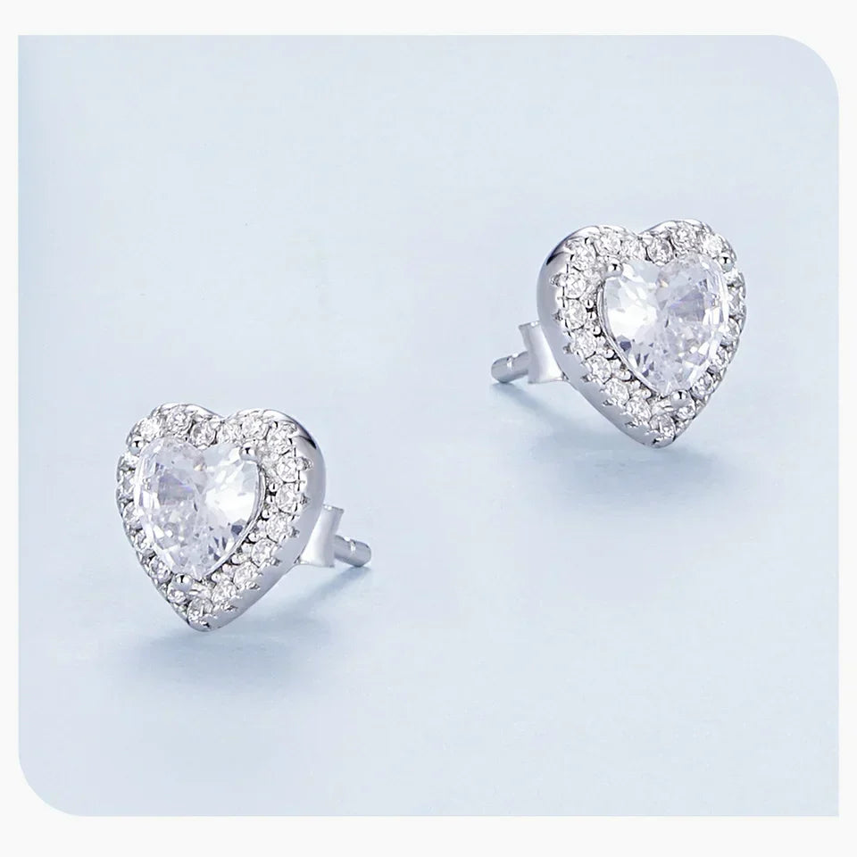 Gold Plated Halo CZ Stud Earrings 925 Sterling Silver Hypoallergenic Classic Elegant Heart Earrings Jewellry BSE894