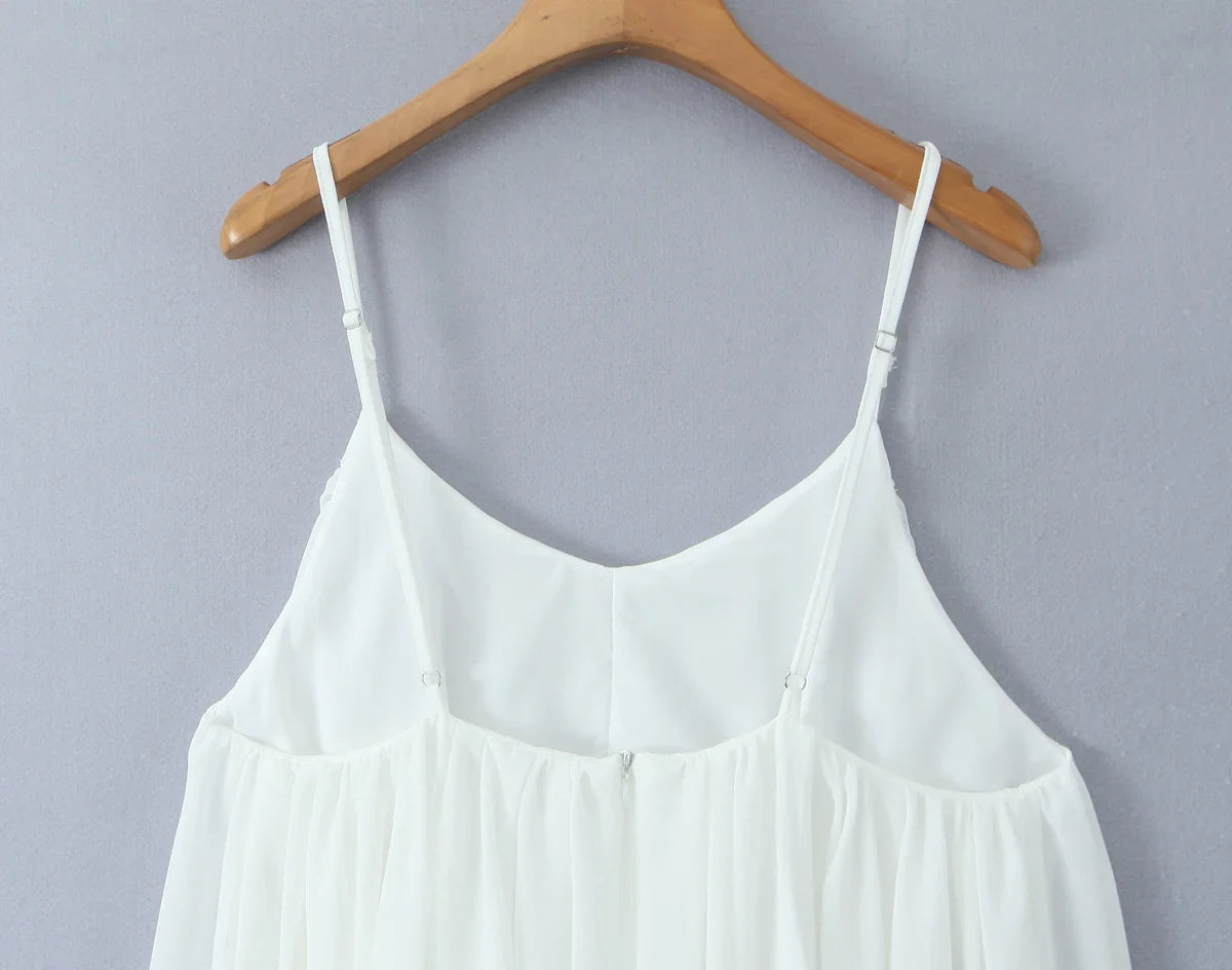 2025 Women White Big Backless Sling Dress O Neck Back Zipper Loose Swing Mini Short Dresses Holiday Robe