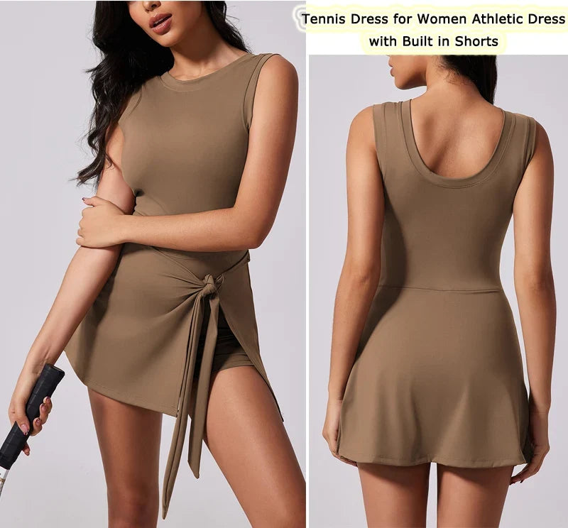 Boat Neck Tennis Dress Golf Dress for Women with Buit-in Short Sleeveless Backless Sarong Wrap Active Dress Workout Romper Dress