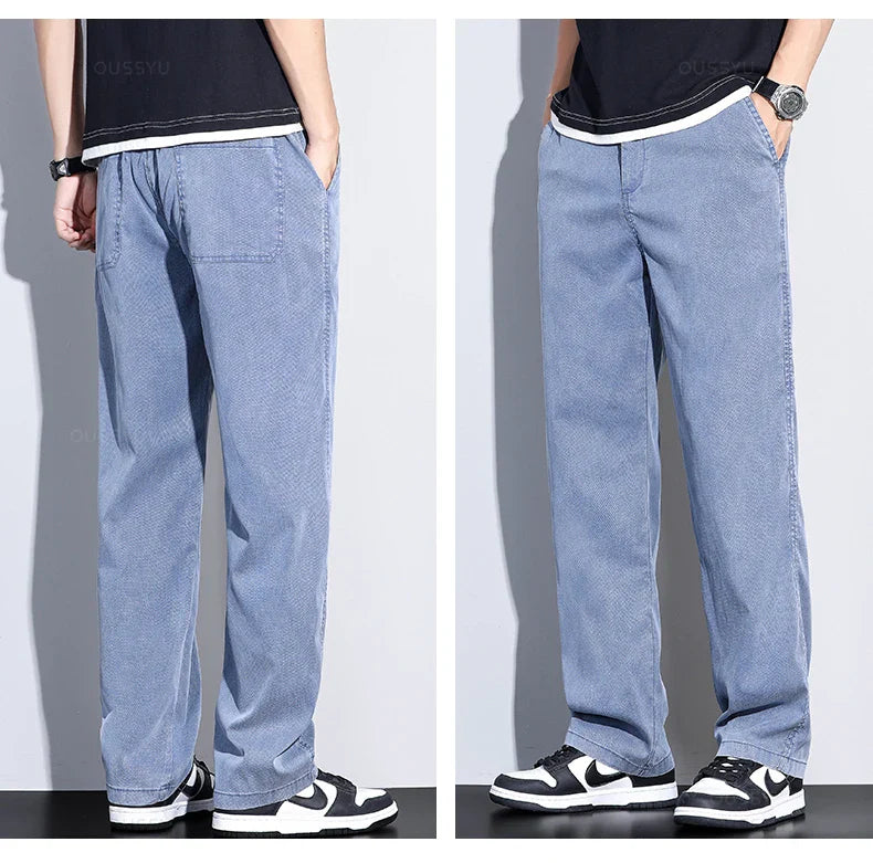 Summer New Upgrade Soft Lyocell Fabric Jeans Men Ultrathin Blue Elastic Waist Loose Straight Denim Trousers Male Plus Size 5XL