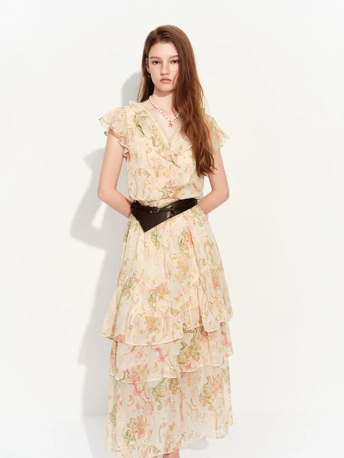 2026 Summer Women‘s Tiered Ruffle Lace Trim Chiffon Long Short Dress Flowy Smocked Maxi for French Romantic Coquette Style