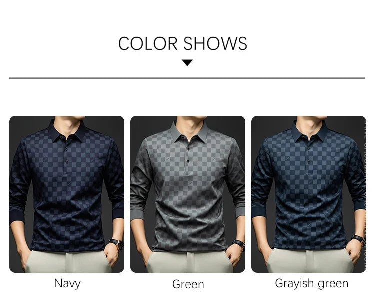 Polo Shirts for Man Autumn Business Slim Fit Long Sleeve T Shirt Men 2026 New Casual Loose Pullover Plaid Men Tops & Tees