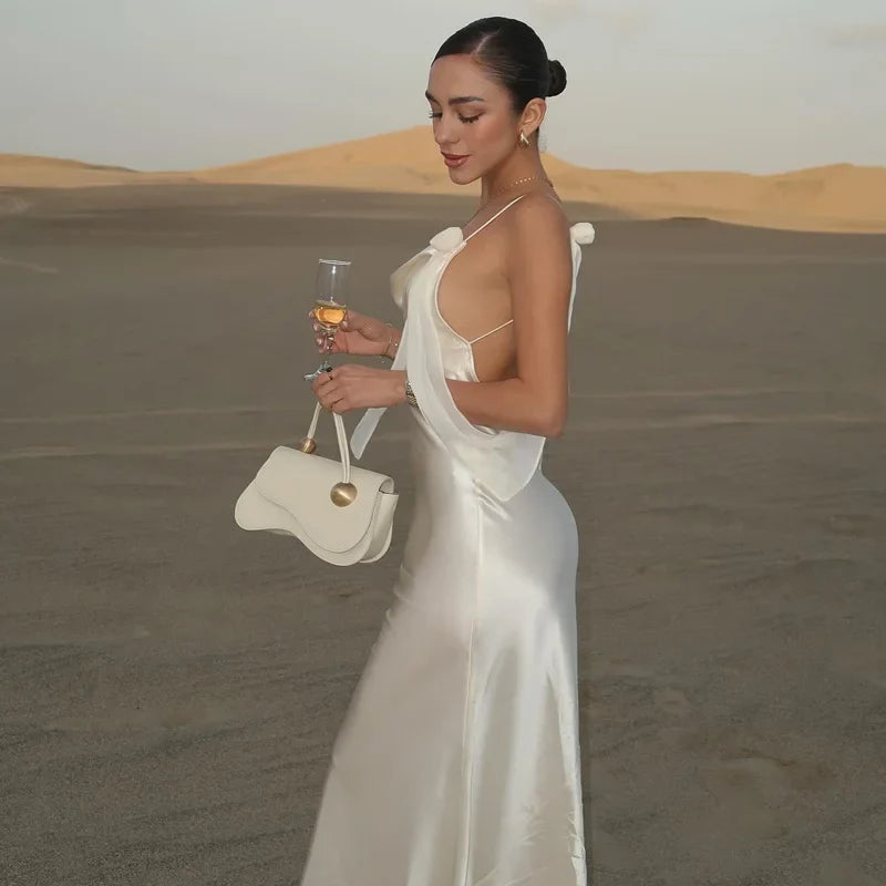 Elegant 3d Flowers Backless Dress Women Bodycon Swing Collar Sleeveless White Sling Maxi Robe 2025 Summer Lady Evevning Vestidos