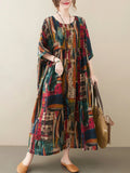 Short Sleeve Cotton Linen Vintage Print Summer Long Dresses For Women 2026 Casual Loose Holiday Ladies Dress Elegant Clothes