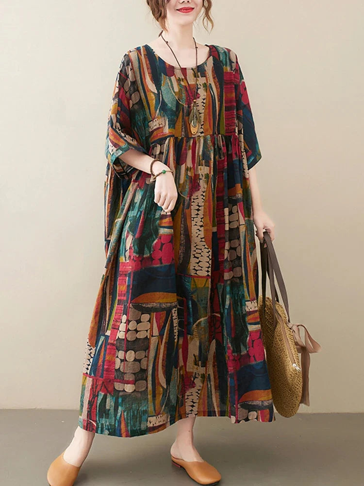 Short Sleeve Cotton Linen Vintage Print Summer Long Dresses For Women 2026 Casual Loose Holiday Ladies Dress Elegant Clothes