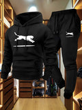 Casual Cargo Sweatshirt & Jogger Set Black White Leopard Print Soft Comfort Fabric Loose Fit Hooded Pullover Multiple Pockets