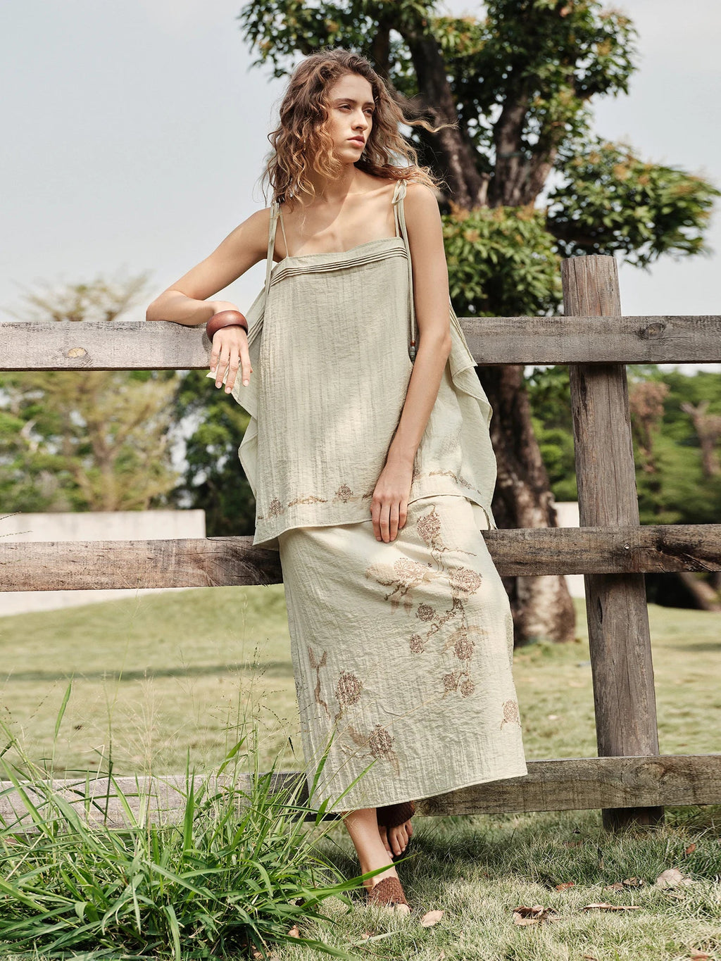 Vintage Printed Camis Midi Skirt Set Square Neck Sleeveless Summer Elastic Waist Outfit Silk Office Daily