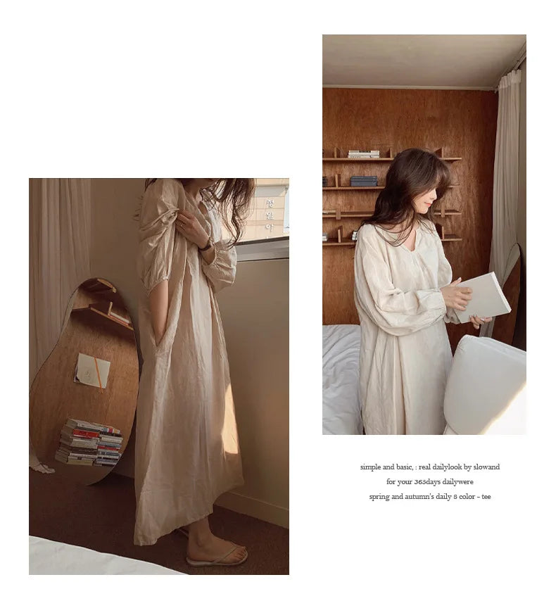 Vintage 100% Cotton Women Dress V Neck Long Sleeve Korean Jananse Pajama Dresses Ladies Comfortable Homewear Wearable Outside