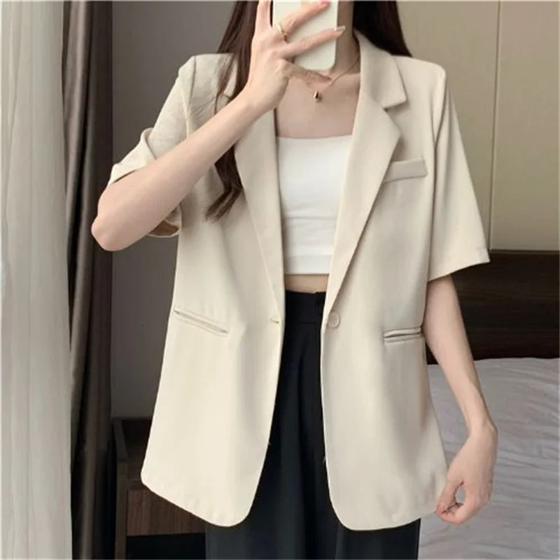 2026 Female Short Sleeved Suit Coat Women Summer Loose Fitting Solid Color Blazer Jacket Ladies Korean Leisure Tops Outerwear