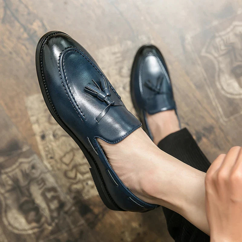 Size:38-46 American Academy Style Fringe Loafers for Men Men's Bottoms Casual Shoes Outdoor Fashion Blue Patent Leather Shoes