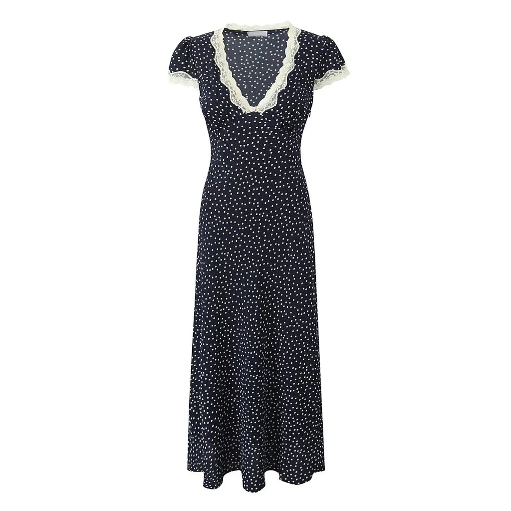 2025 Women Navy Blue Polka Dot Long Dress Lace Trim V Neck Short Sleeve A-line Elegant Holiday Dresses Summe Maxi Robe