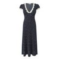 2025 Women Navy Blue Polka Dot Long Dress Lace Trim V Neck Short Sleeve A-line Elegant Holiday Dresses Summe Maxi Robe