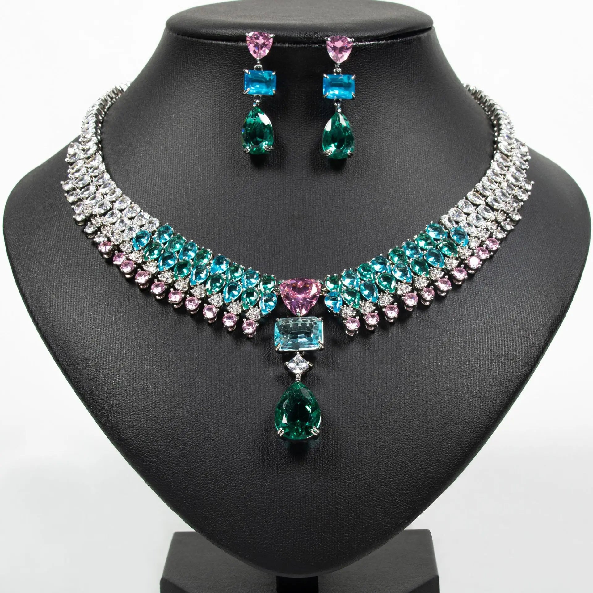 Luxury Multi-colour Jewellery Teardrop Zirconia Women's Summer Necklace Earrings Accessory Set Party Prom Dinner Festivals M-355