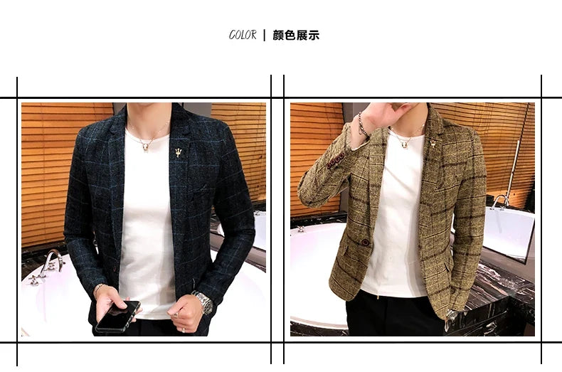 Men Checked Suit Jacket 2023 Spring New Linen Slim Suit Jacket Fashion One-button Business Casual Jacket Large M-5XL Suit Jacket