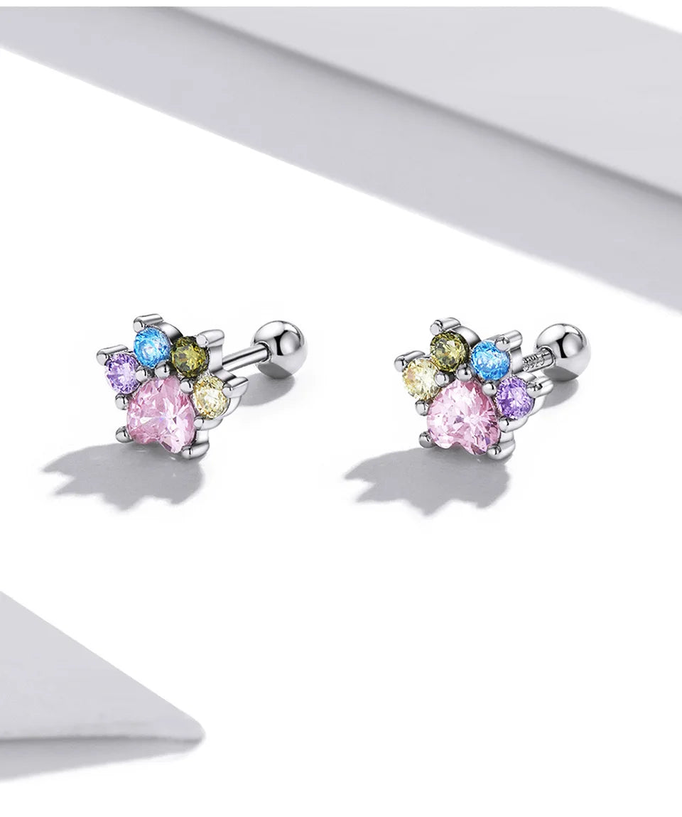 925 Sterling Silver Animals Cute Paws Rainbow Stud Earrings For Women Heart Oval Flower Zircon Crab Ear Studs Jewelry Gift