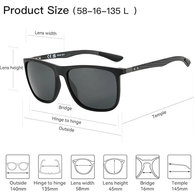 Square Polarized Sunglasses for Men Ultralight Carbon Fiber Sun Glasses Driving Fishing Golf Sports UV400 Protection