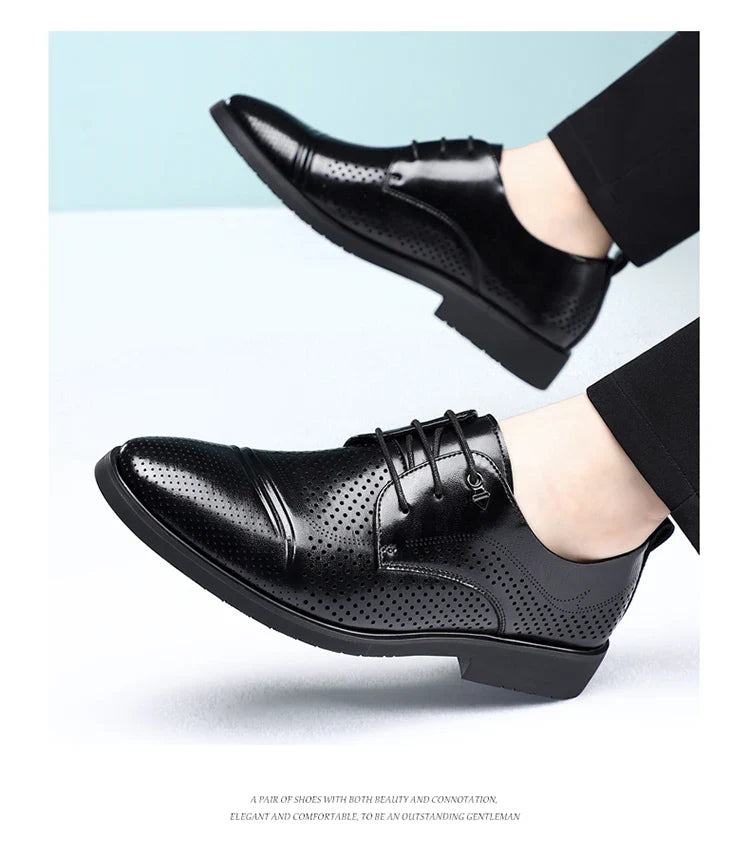 Men's Summer Breathable Leather Shoes Hollow out Fashionable Slip-On Comfortable Anti-Slip Soft Bottom Derby Shoes-SJ2501-1