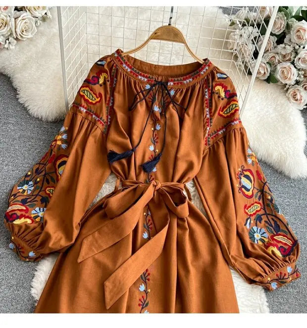Retro Ethnic Sle Long Sve Embroidered round Ne A-Line Cotton Linen Dr Slimming Waist Cinched Ele Long Dr