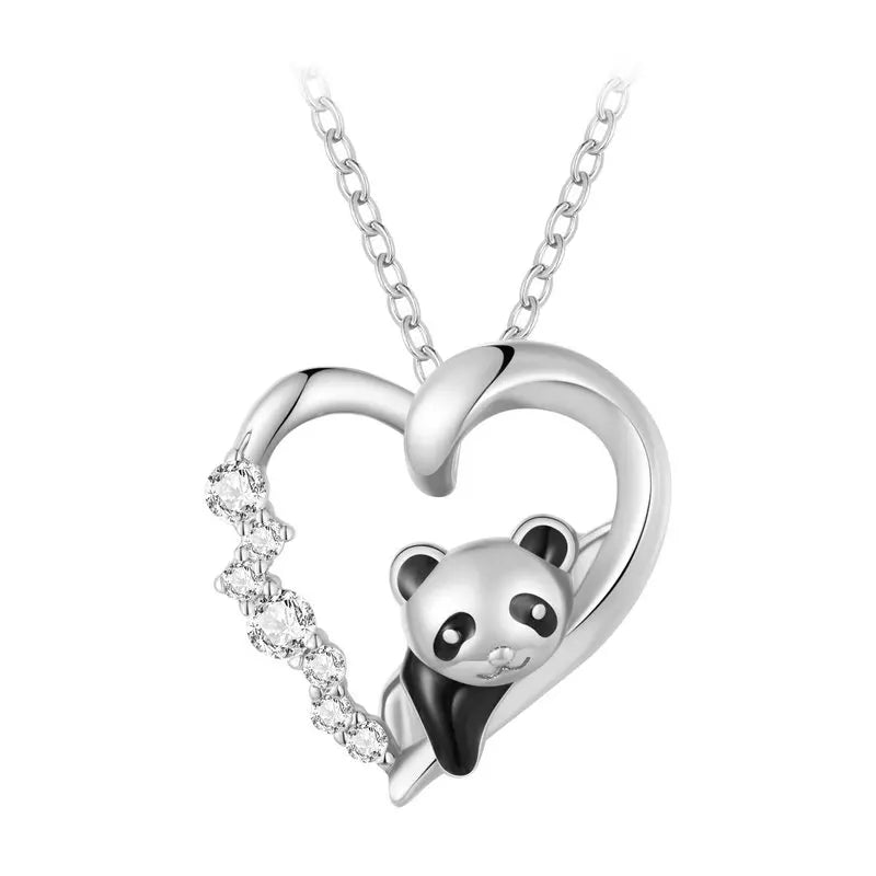 925 Sterling Silver Baby Panda Crystal Necklace Enamel Cute Animal Charm Chain Link for Women Gift 17.71'' SCN453