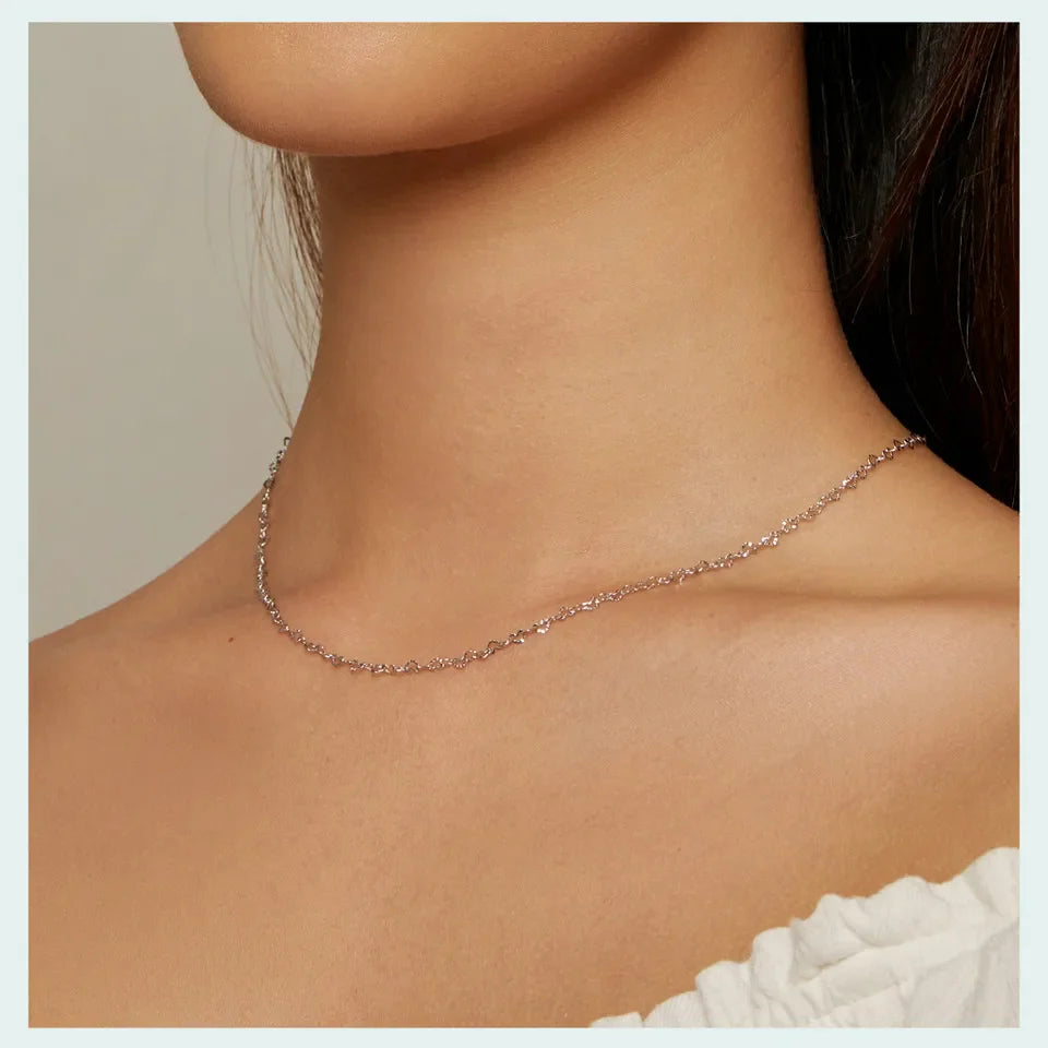 Real 925 Sterling Silver Trendy Heart-Shaped Basic Chain Link Lobster Clasp Adjustable Necklace for Women