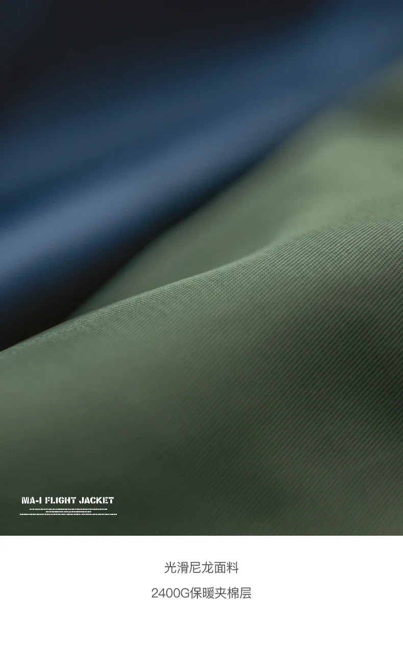 Vintage MA1 Pilot Jacket Green Thickened Cotton-padded Jacket Casual Baseball Pockets Flight Zipper Outwear for Men's Fall