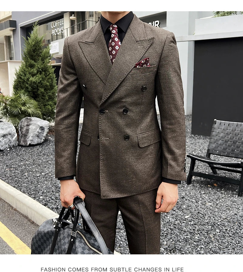 Men Vintage Luxury Double Breasted Slim Fit Lapel Evening Gown ltalian Style Fashion High-end Groom Wedding Party Tuxedo 2 Piece