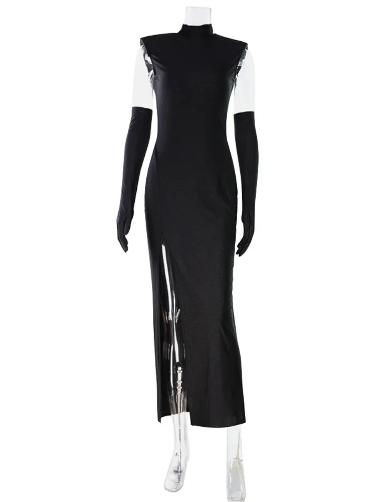 Fashion Women's Maxi Dress With Scarf Half Turtleneck Solid Sheath Bodycon High Split Party Eelgant Trend Vestidos Robes