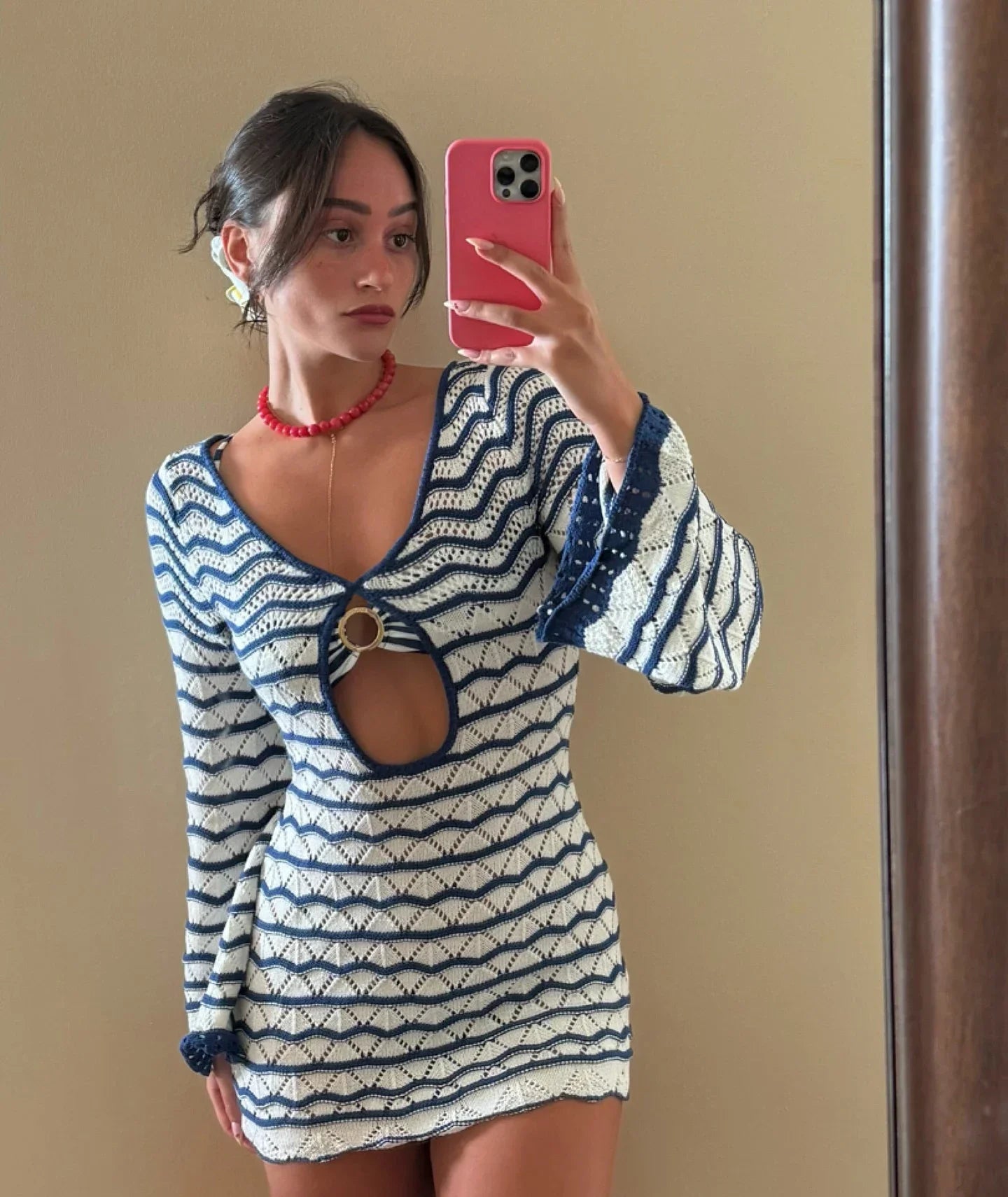 Reto Blue Striped Bell Sleeve Knit Dress Sexy V-neck Cut Out 2025 Summer Women Seaside Holiday Mini A-Line Dresses K123