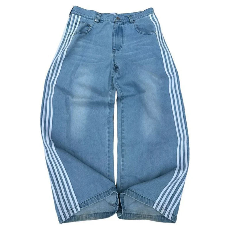 American Harajuku Style Baggy Jeans Y2K Streetwear Striped Denim Pant Men Women Casual Wide Leg Trousers Trendy High Street Pant