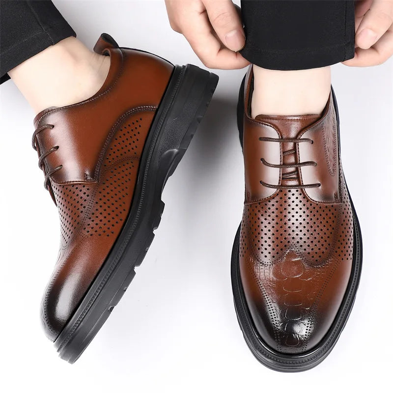 2026 Summer New Men's Cow Leather Oxford Shoes Hollow Out Formal Business Dress Shoes Male Non-slip Fashion Platform Shoe Man