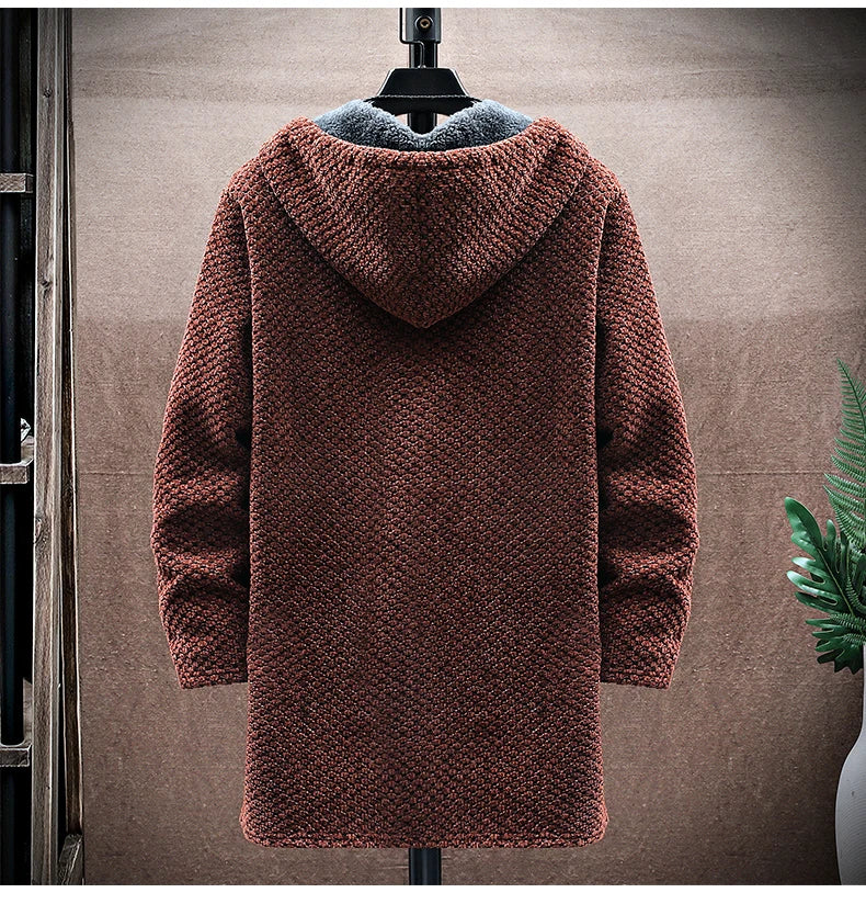 Men's Cardigan Cashmere Long Coat Sweaters with Hoods Autumn Winter New Fleece Warm Solid SweaterCoat Windbreaker Men Clothing