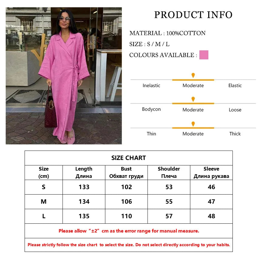 Casual Loose Pink Cotton Dress Ladies Fashion Lapel Long Sleeve Ankle Length Dress Elegant Lace-Up Dresses For Women