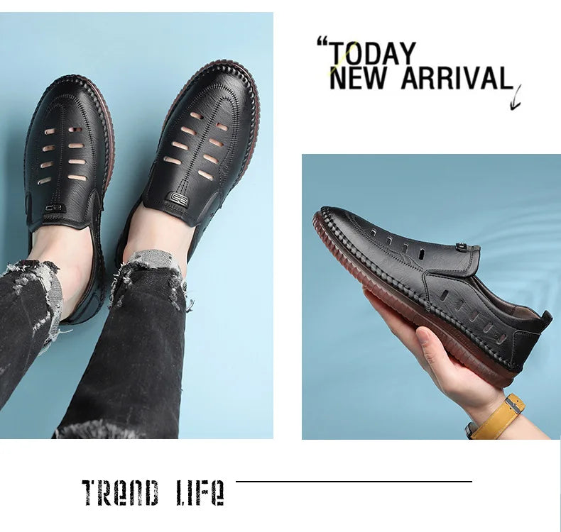 Solid Color Business Casual Shoes for Men Breathable Hallow Leather Sandals Male New Designer Fashion Summer Shoes Man