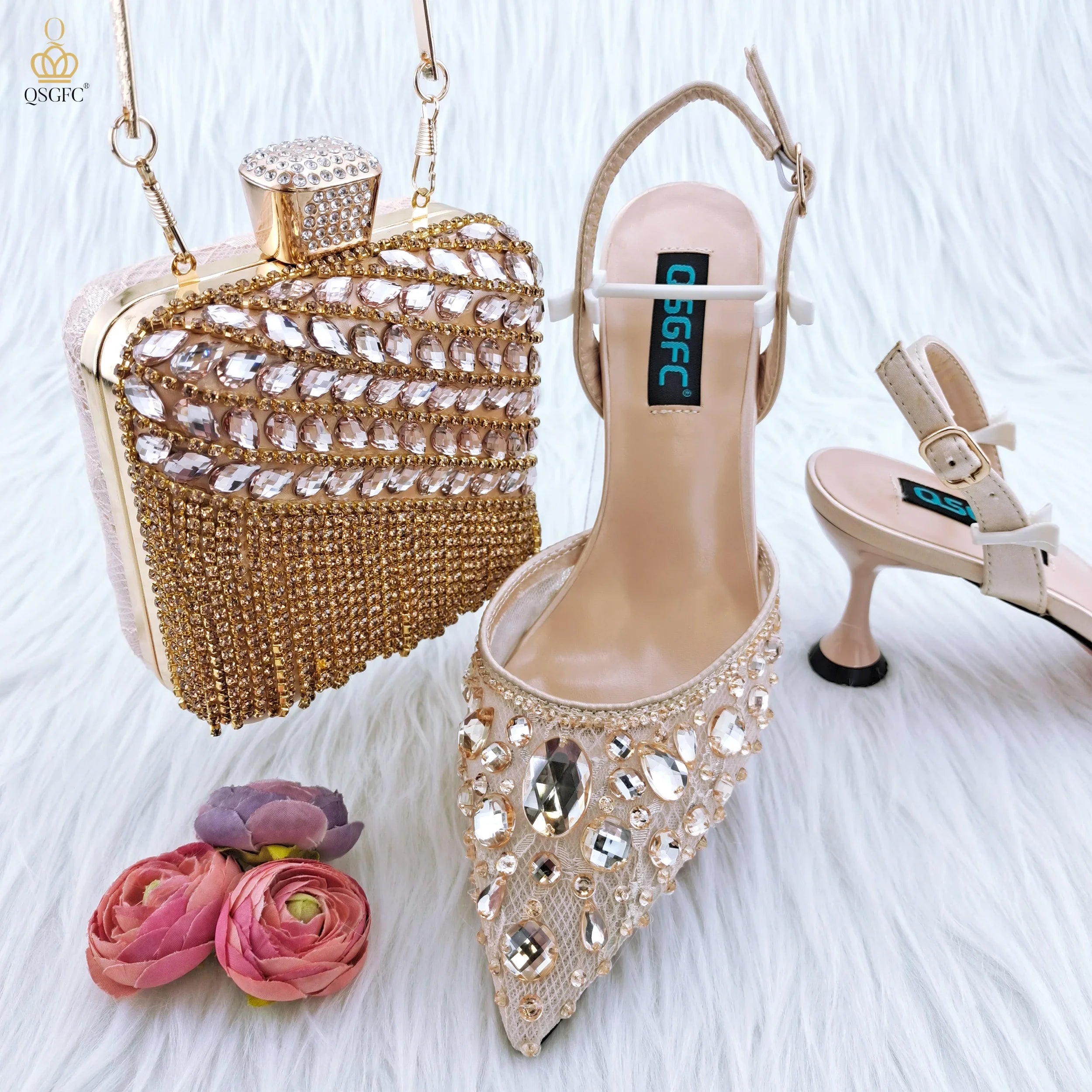Lace And Big Rhinestones Are Sexy Shoes And Bag  Beautiful And Mature Style Shoes