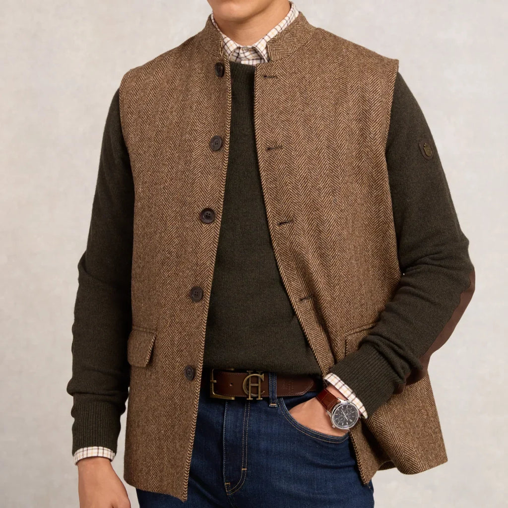 Men Vest Brown Herringbone Height Neck Single Button Waistcoat For Wedding Party Business Work Office Daily Casual Men Suit Vest