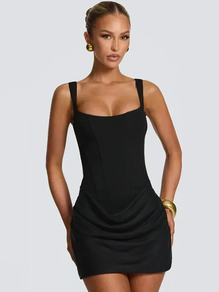 Sexy Square-neck Halter Long Dress Women 2025 Pleated Sleeveless Backless High Waist Bodycon Dresses New Summer Lady Party Gowns