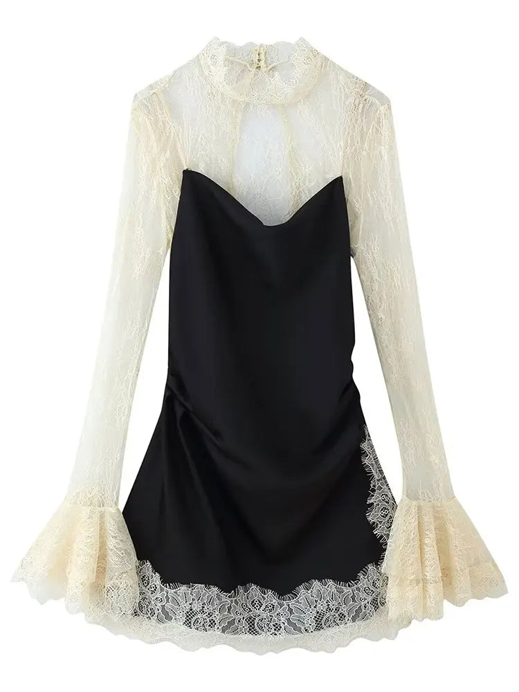 Women Elegant Fashion Lace Patchwork Dress Flare Sleeve Slim Mini Dresses 2026 Spring Summer Lady Sexy Party Evening Dress
